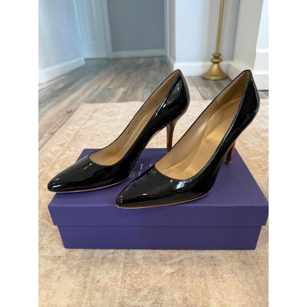Stuart Weitzman Power Black Patent Leather Pointed Toe Pumps Heels M7.5